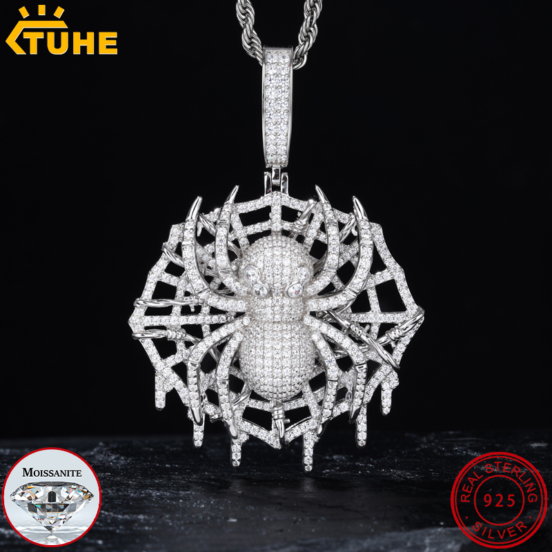 925 Sterling Silver Chain Necklace Men - TUHE-colgante de araña moissanita VVS1 de